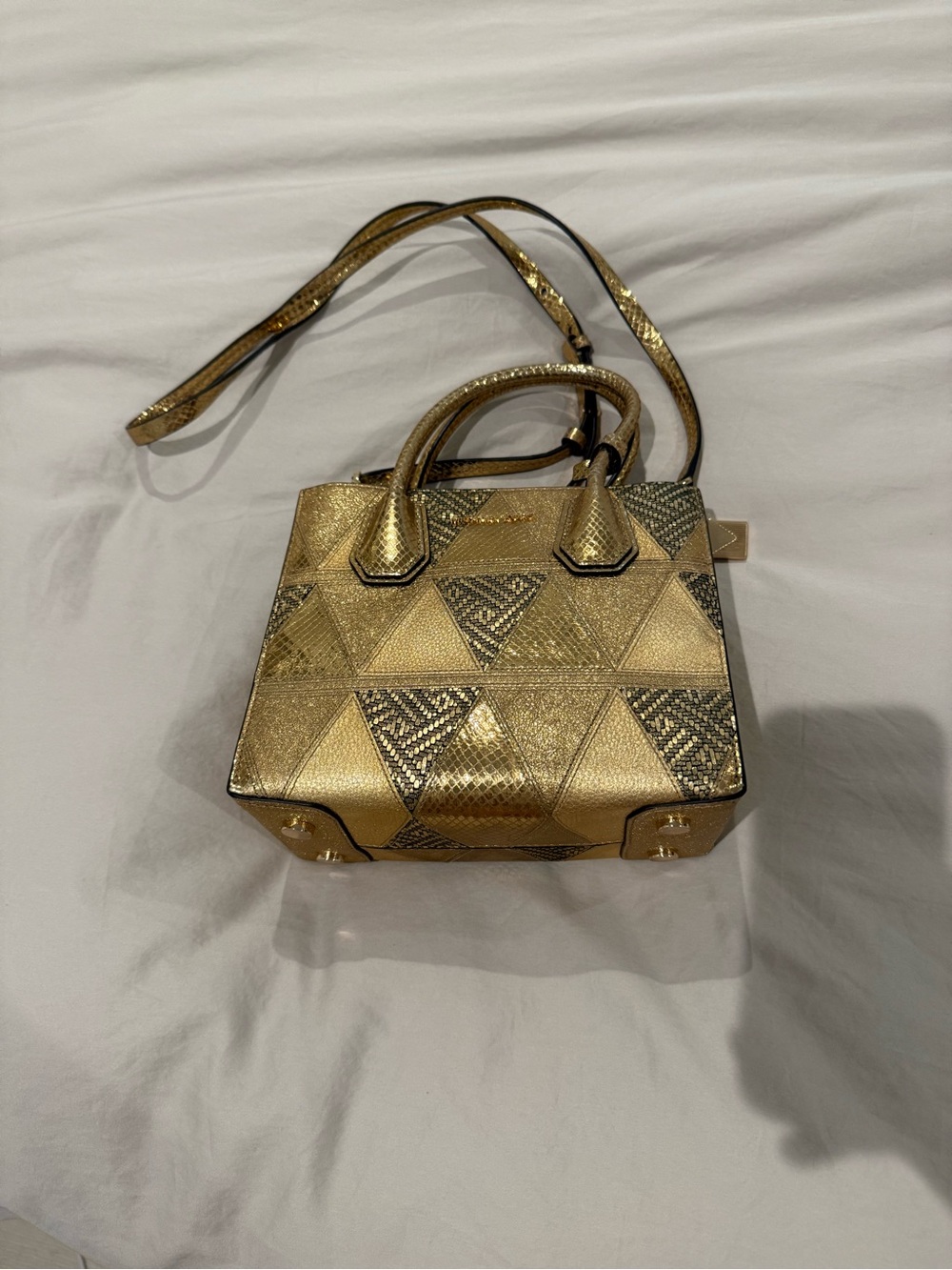 Michael Kors Gold Metallic Geometric Mini Tote with Crossbody Strap